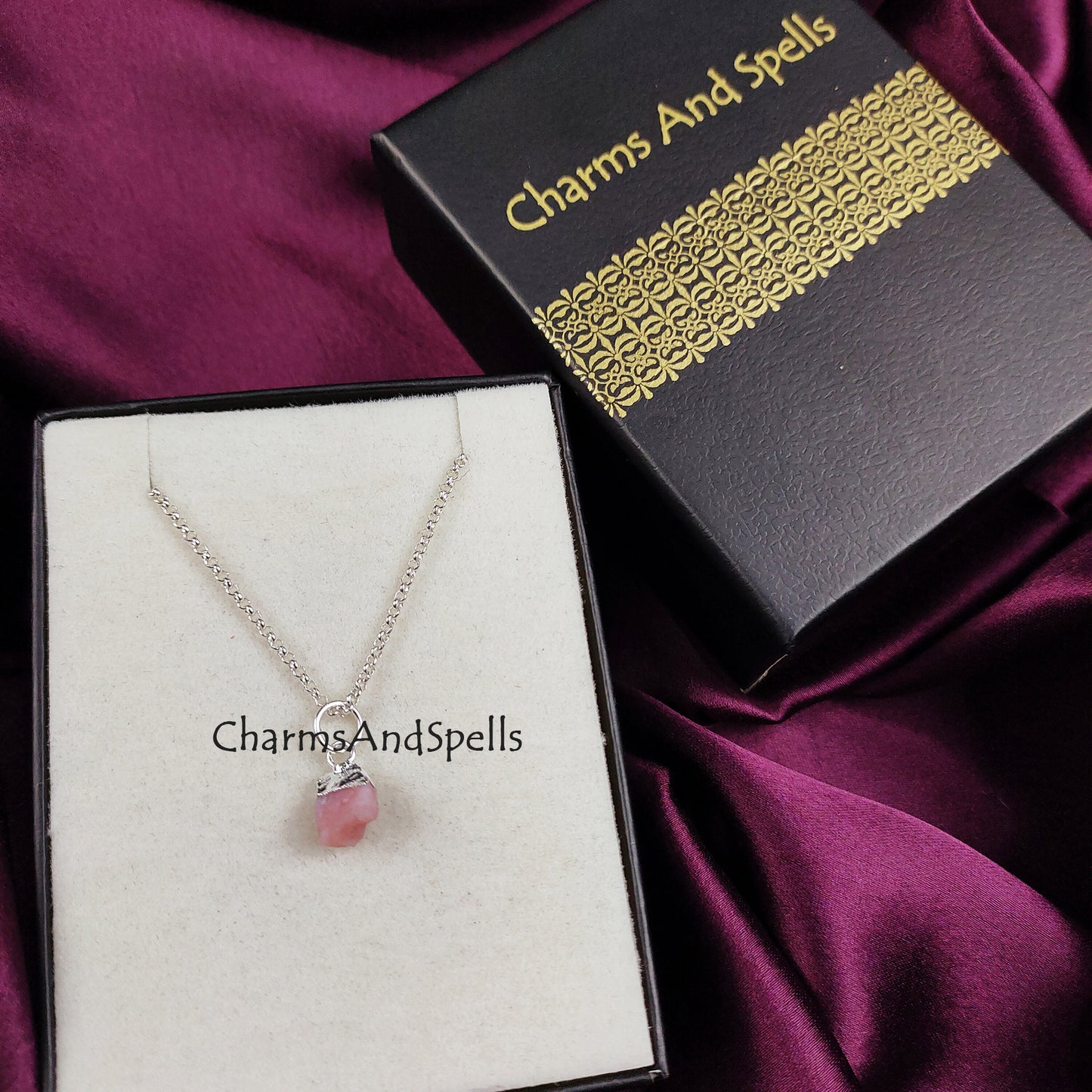 Raw Pink Opal Necklace | Natural Gemstone Pendant Silver Plated Boho Layering Jewelry