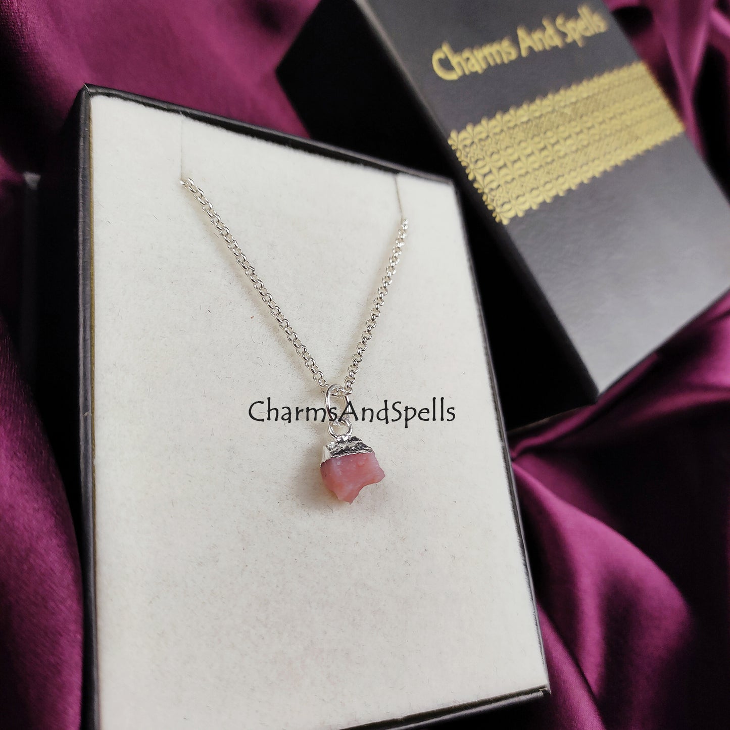 Raw Pink Opal Necklace | Natural Gemstone Pendant Silver Plated Boho Layering Jewelry