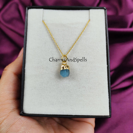 Raw Neon Apatite Necklace | Natural Gemstone Pendant Yellow Gold Jewelry