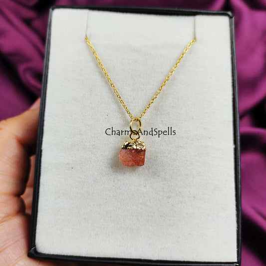 Raw Sunstone Necklace | Natural Gemstone Pendant Gold Plated Boho Jewelry