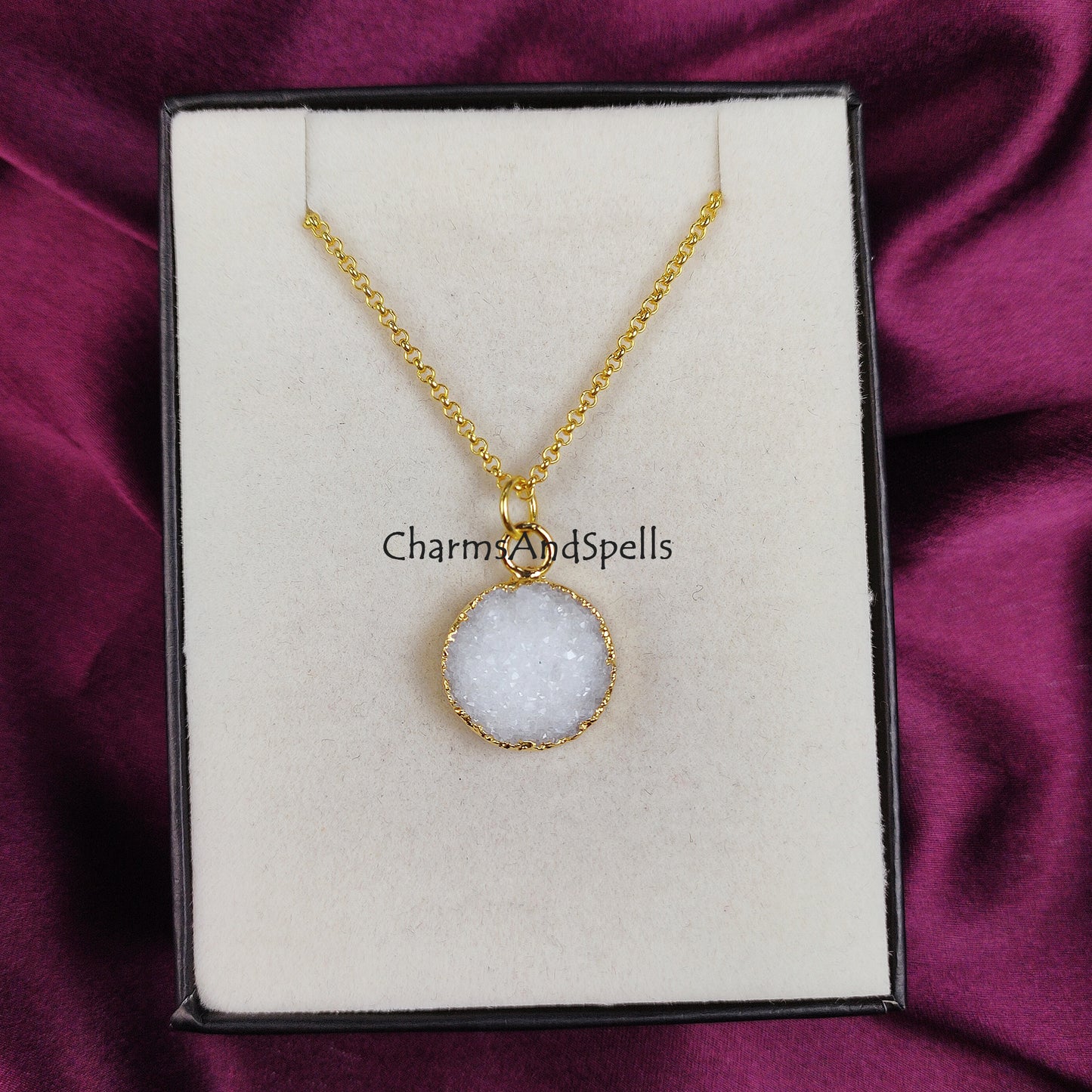 White Druzy Necklace | Angel Crystal Druzy Pendant Clear Gemstone Chain Jewelry