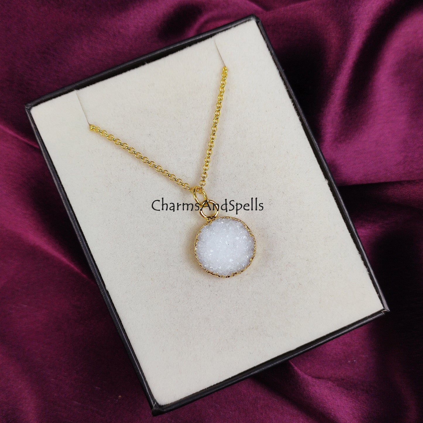 White Druzy Necklace | Angel Crystal Druzy Pendant Clear Gemstone Chain Jewelry