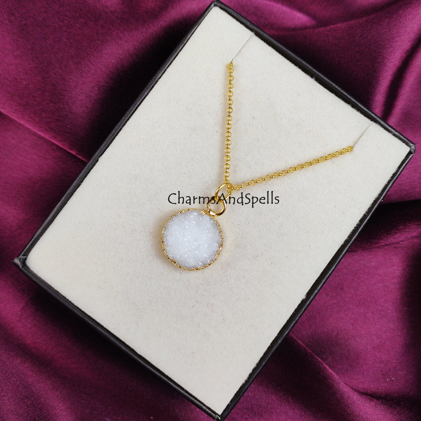 White Druzy Necklace | Angel Crystal Druzy Pendant Clear Gemstone Chain Jewelry