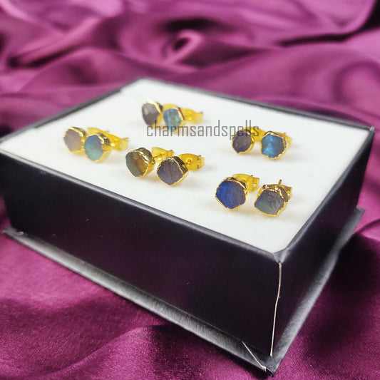 Raw Blue Fire Labradorite Stud Earrings | Natural Crystal Earrings Healing Stone