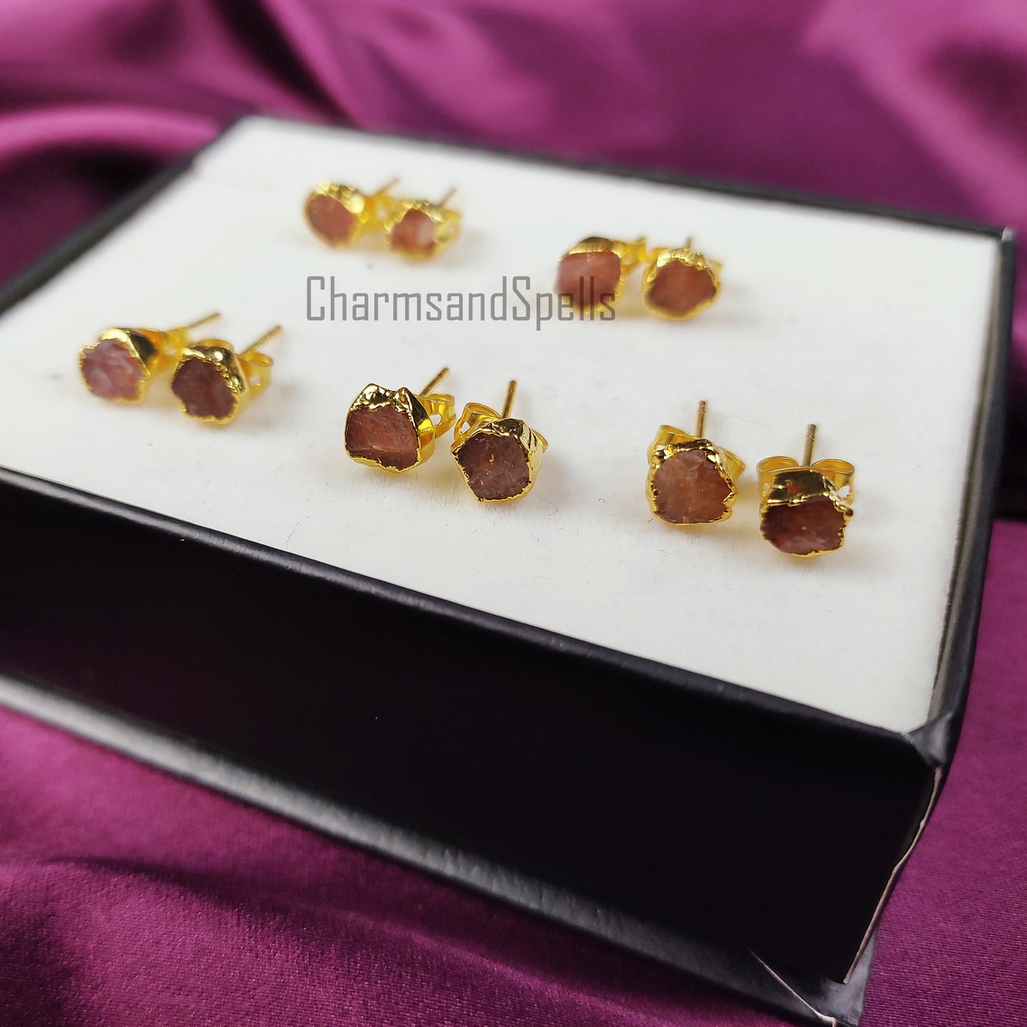 Raw Sunstone Stud Earrings | Natural Crystal Earrings July Birthstone