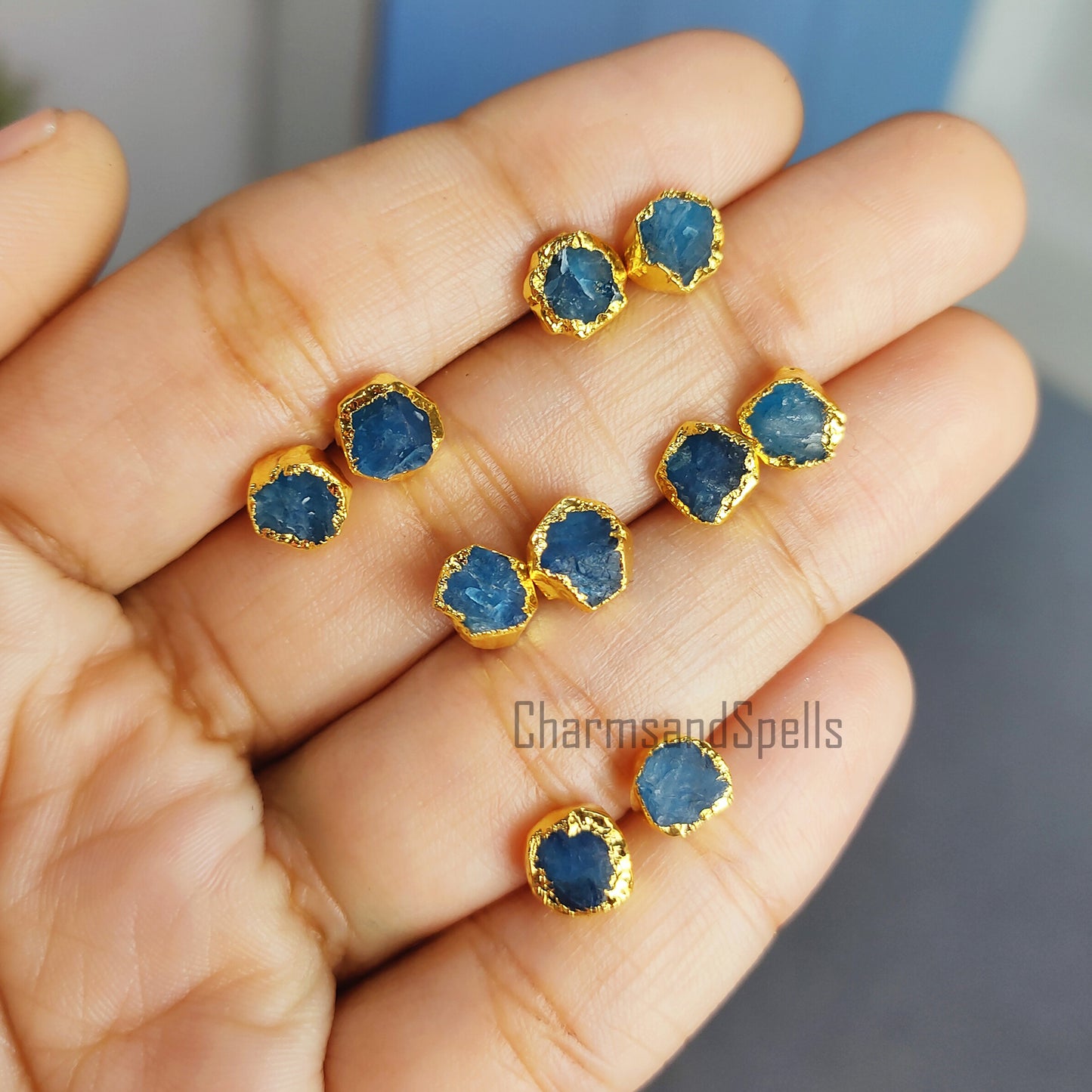 Raw Neon Apatite Earrings, Gold Plated Studs, Electroplated Raw Crystal Earrings, Rough Gemstone Earrings, Stud Earrings, Raw Stud Earrings