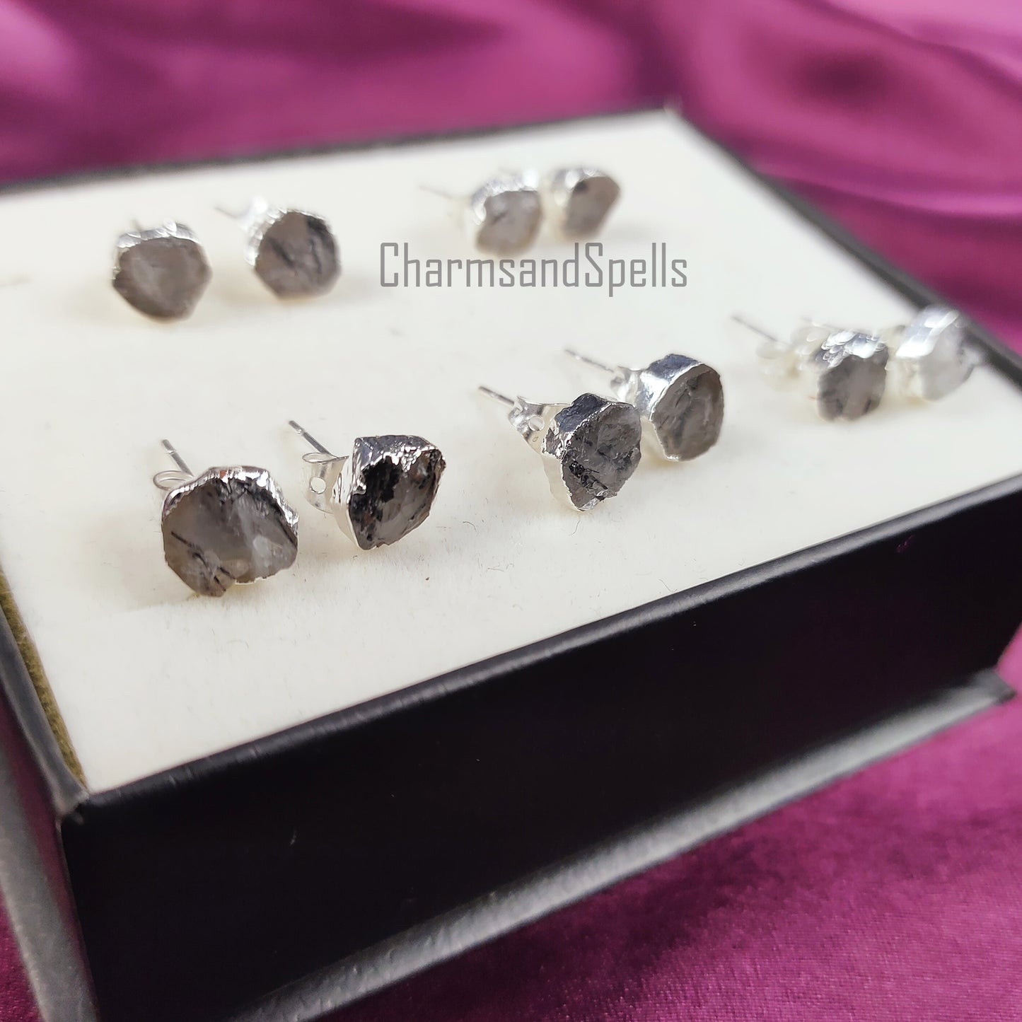 Raw Black Rutile Gemstone Stud Earrings, Crystal Stud Earrings, Silver Plated Earrings, Electroplated Studs, Boho Earrings, Fashion Jewelry