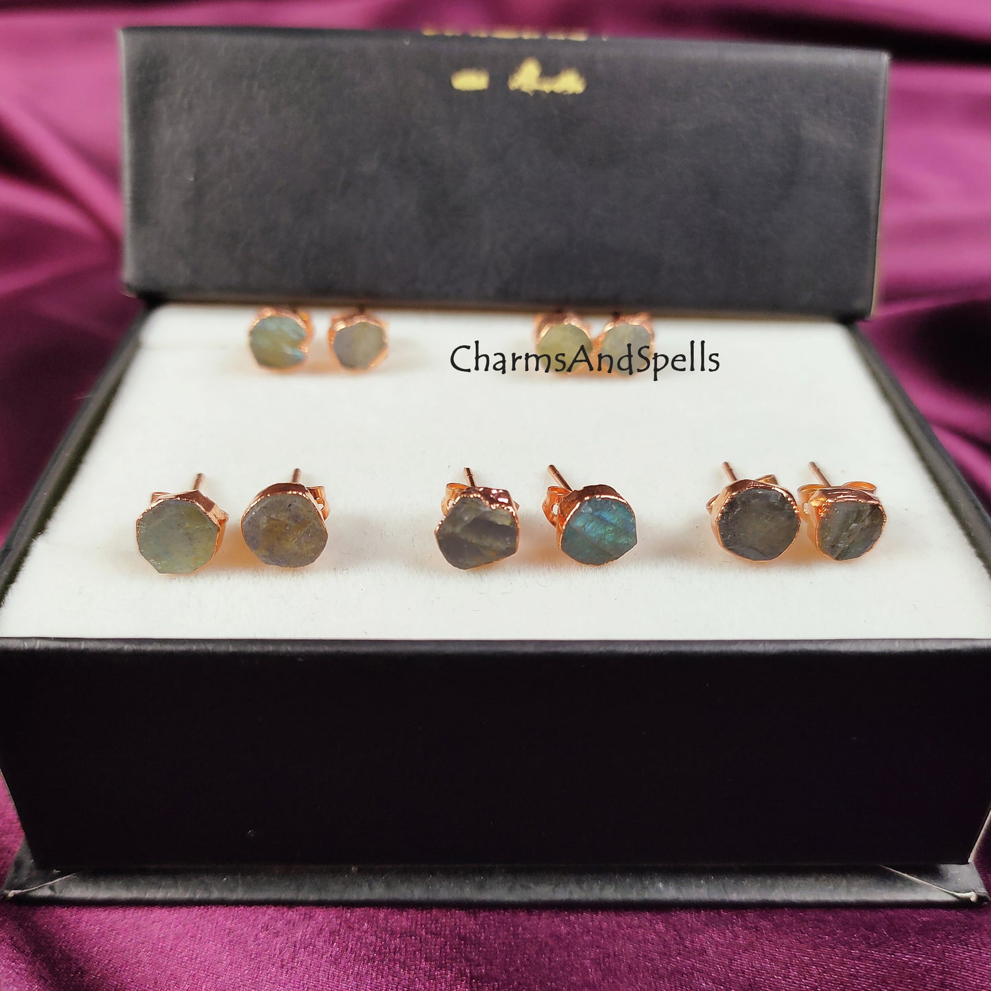 Raw Labradorite Stud Earrings | Tiny Rose Gold Plated Healing Gemstone Jewelry