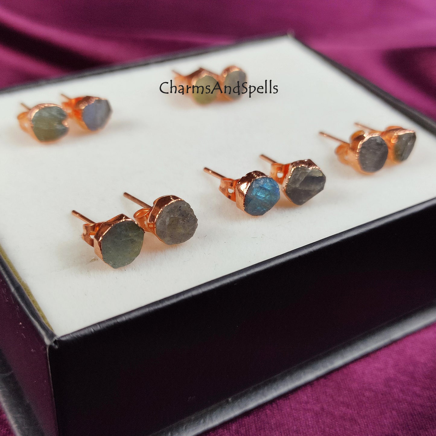 Raw Labradorite Stud Earrings, Rose Gold Plated Stud Earring, Labradorite Jewelry, Healing Gemstone Stud Earrings, Labradorite Earrings