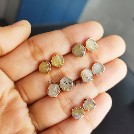 Raw Golden Rutile Stud Earrings | Tiny Rose Gold Plated Rough Crystal Jewelry