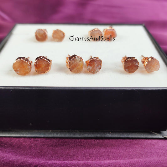 Raw Sunstone Stud Earrings | Tiny Orange Crystal Rose Gold Plated Boho Jewelry