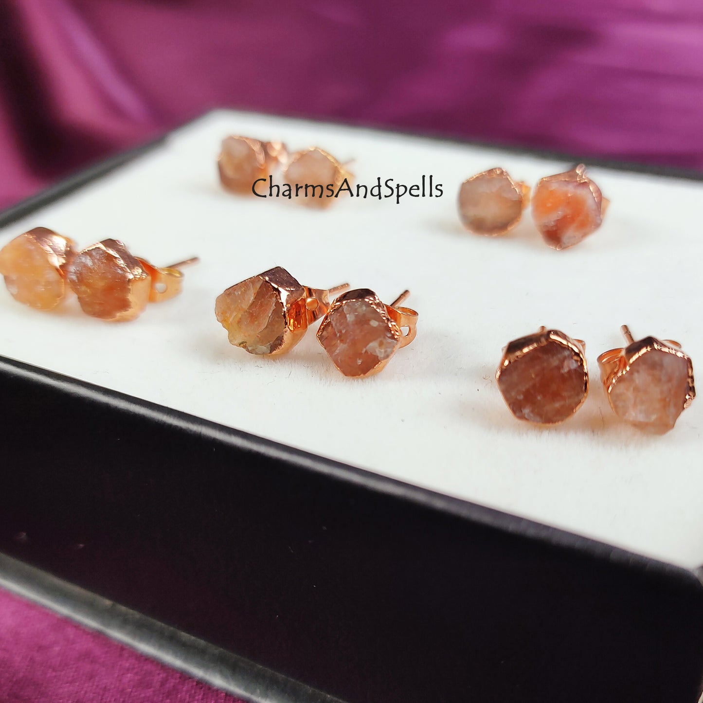 Natural Raw Sunstone Earrings, Electroplated Studs Earrings, Rose Gold Plated Earring, Gemstone Studs, Boho Jewelry, Crystal Stud Earrings