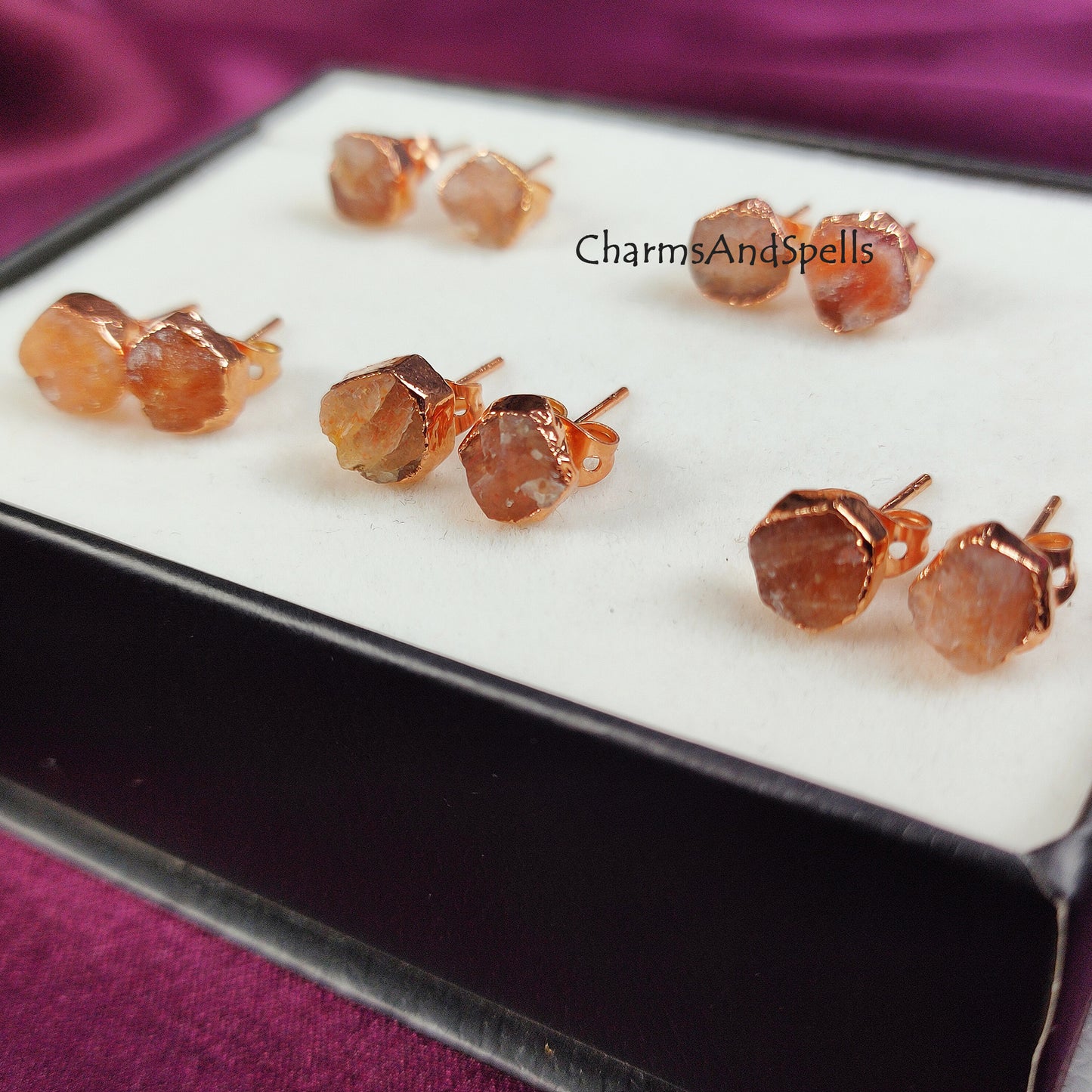 Natural Raw Sunstone Earrings, Electroplated Studs Earrings, Rose Gold Plated Earring, Gemstone Studs, Boho Jewelry, Crystal Stud Earrings