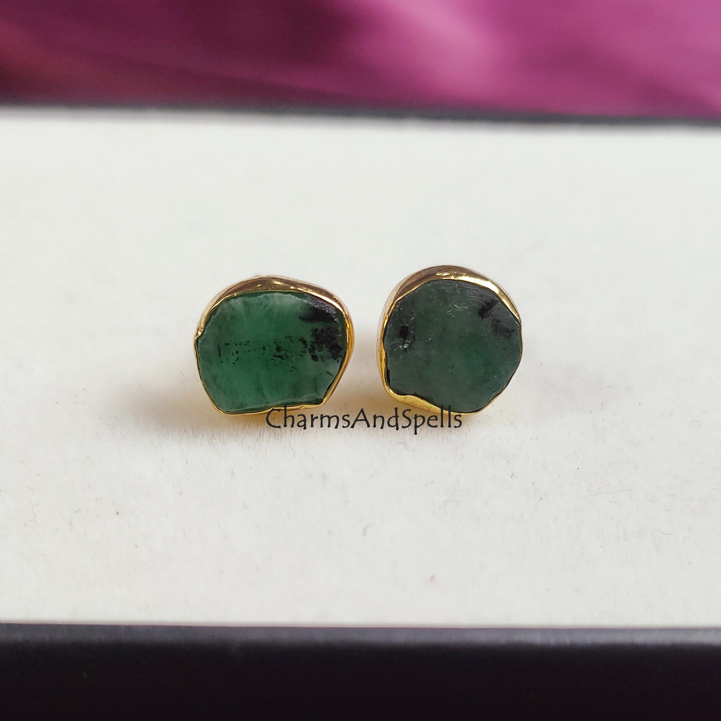 Raw emerald earrings for bridesmaids gift, natural green emerald studs, wedding anniversary gift for her, green stud earring, gift for woman