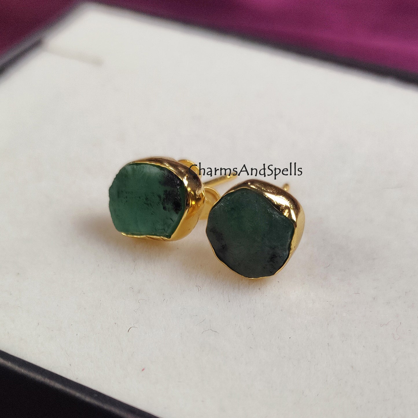 Raw emerald earrings for bridesmaids gift, natural green emerald studs, wedding anniversary gift for her, green stud earring, gift for woman
