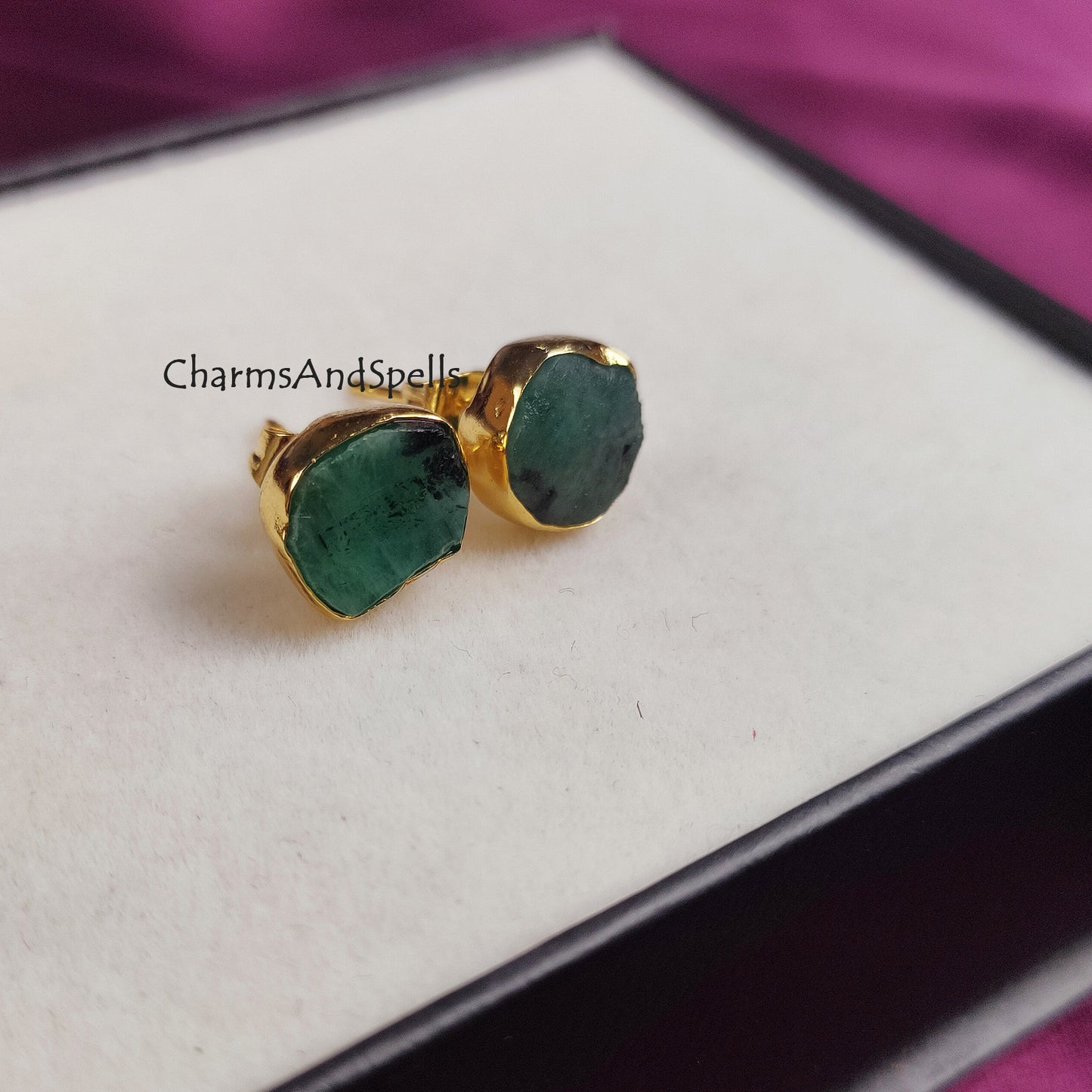 Raw emerald earrings for bridesmaids gift, natural green emerald studs, wedding anniversary gift for her, green stud earring, gift for woman