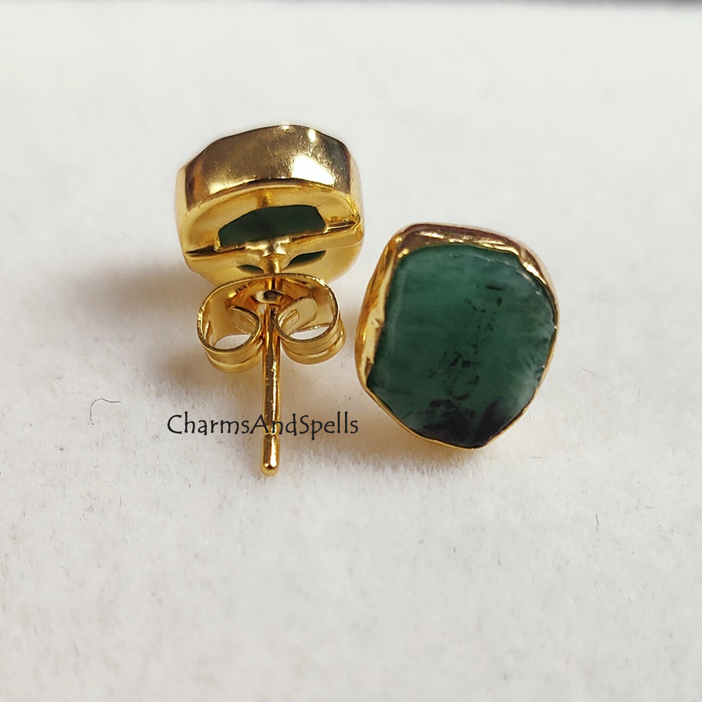 Raw emerald earrings for bridesmaids gift, natural green emerald studs, wedding anniversary gift for her, green stud earring, gift for woman