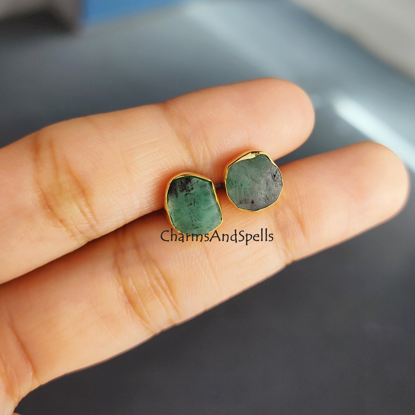 Raw emerald earrings for bridesmaids gift, natural green emerald studs, wedding anniversary gift for her, green stud earring, gift for woman