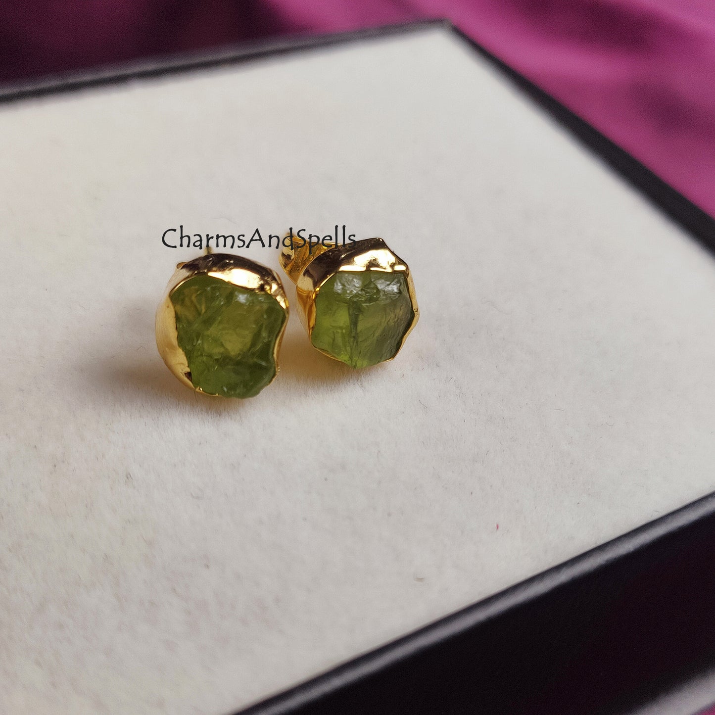 Raw Peridot Stud Earrings | Tiny Green Crystal August Birthstone Jewelry