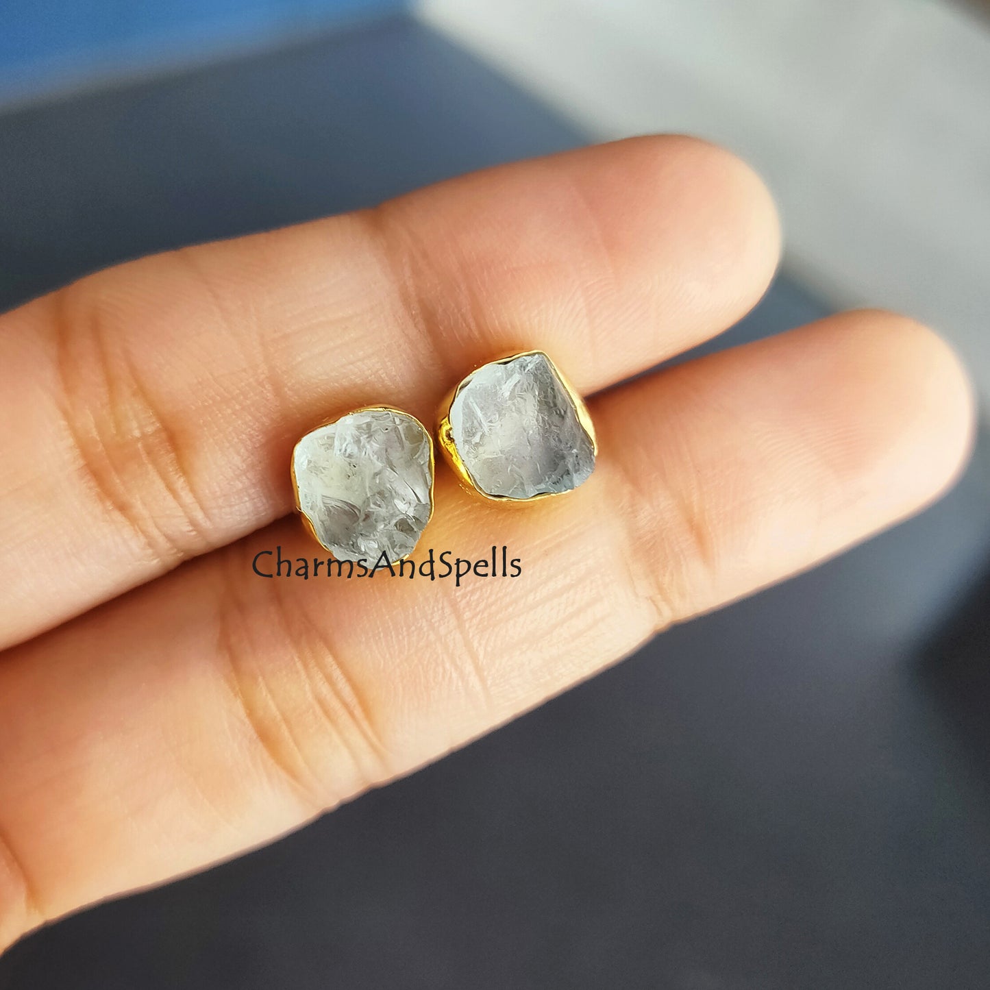 Raw Aquamarine Stud Earrings | Tiny Blue Crystal March Birthstone Jewelry