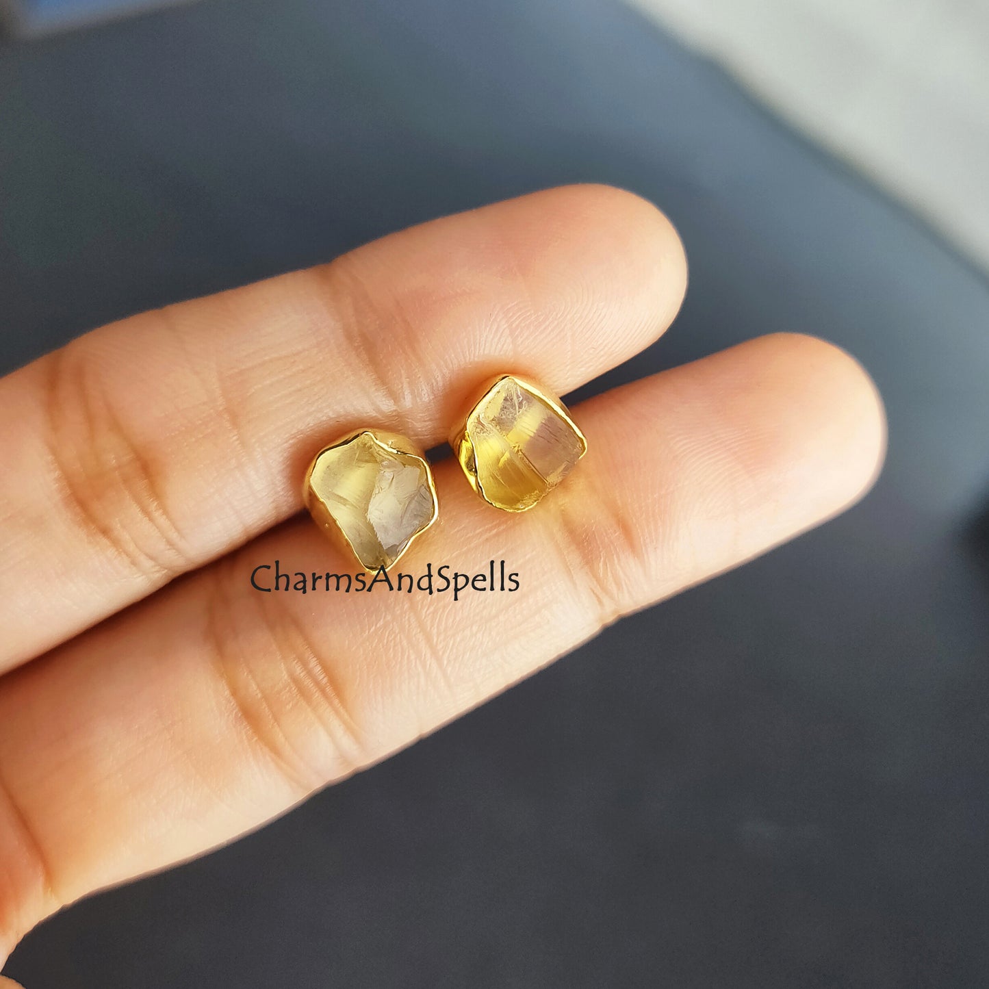 Raw Citrine Stud Earrings | Tiny Yellow Crystal Gold Plated November Birthstone