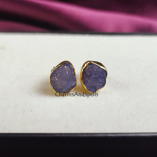 Raw Tanzanite Stud Earrings | Tiny Blue Rough Crystal December Birthstone