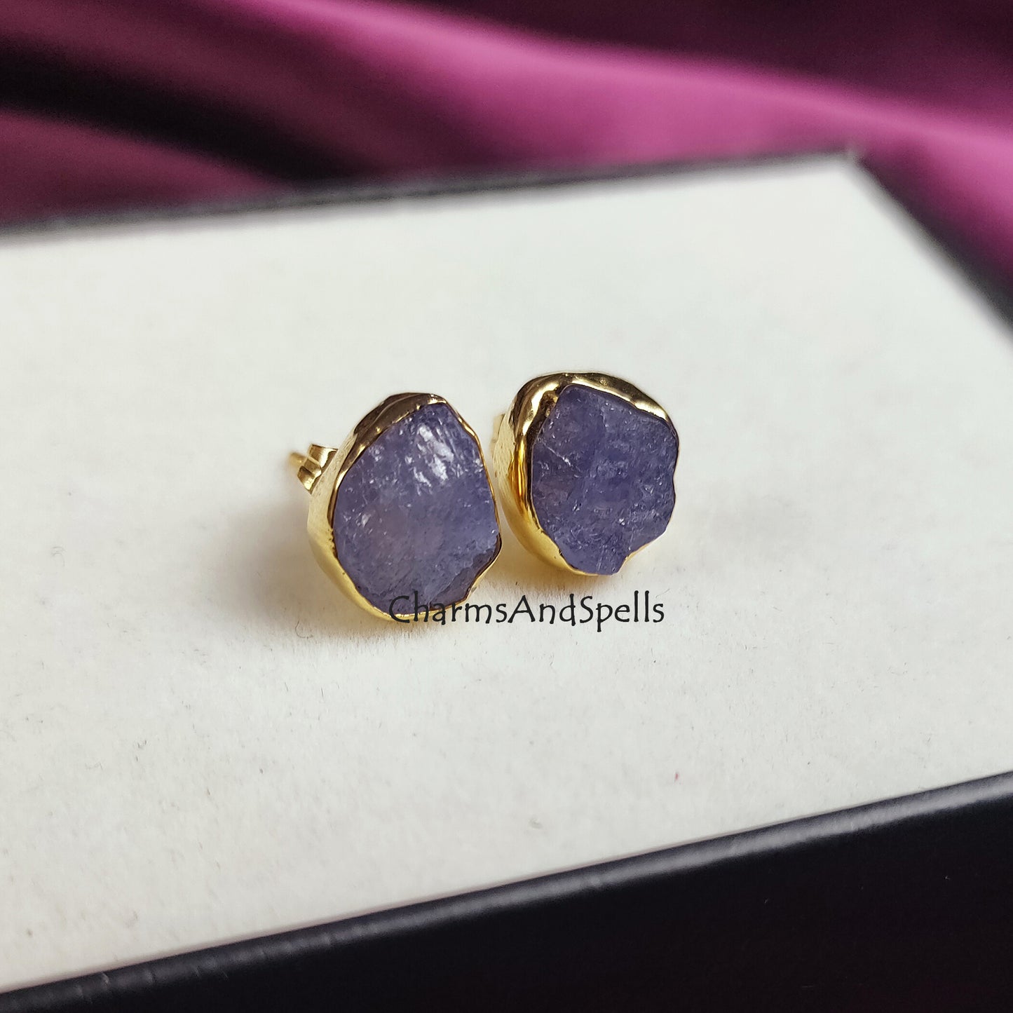 Rough Tanzanite Earrings, Natural Tanzanite Stud Earrings, Raw Gemstone Earrings, December Birthstone Gift, Minimalist Gem Crystal Earrings