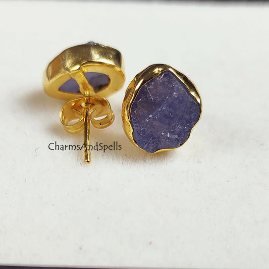 Raw Tanzanite Stud Earrings | Tiny Blue Rough Crystal December Birthstone