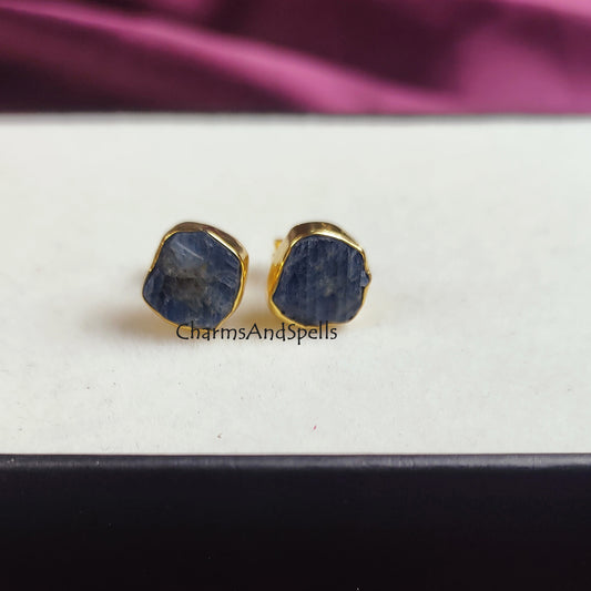 Raw Sapphire Stud Earrings | Tiny Blue Crystal Gold Plated September Birthstone
