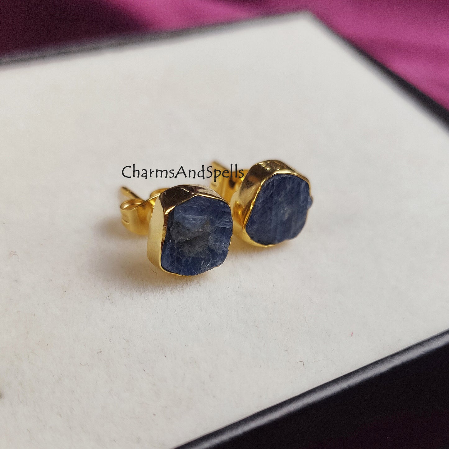 Raw Sapphire Stud Earrings | Tiny Blue Crystal Gold Plated September Birthstone