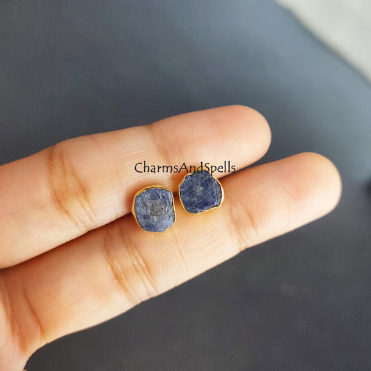 Raw Sapphire Stud Earrings | Tiny Blue Crystal Gold Plated September Birthstone