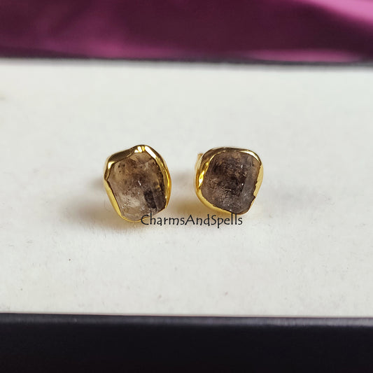 Raw Herkimer Diamond Stud Earrings | Tiny Clear Crystal Birthstone