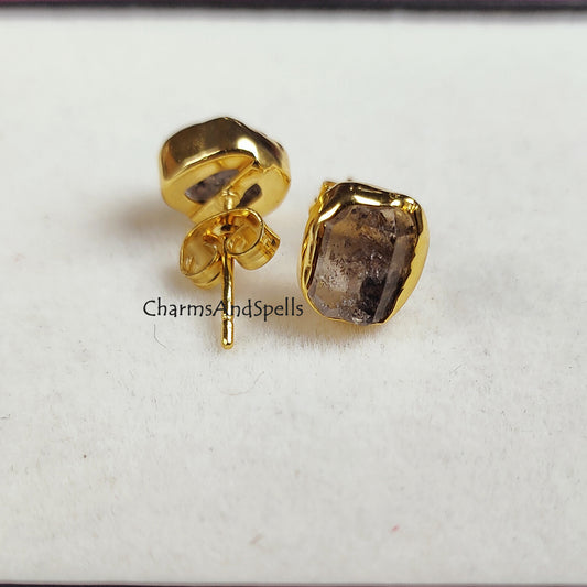 Raw Herkimer Diamond Stud Earrings | Tiny Clear Crystal Birthstone