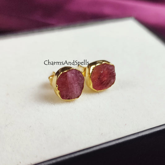 Raw Ruby Stud Earrings | Tiny Red Geometric 14K Gold Boho July Birthstone Jewelry