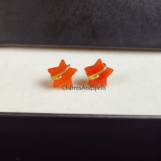 Raw Carnelian Star Stud Earrings | Tiny Orange Wire Wrapped July Birthstone Jewelry