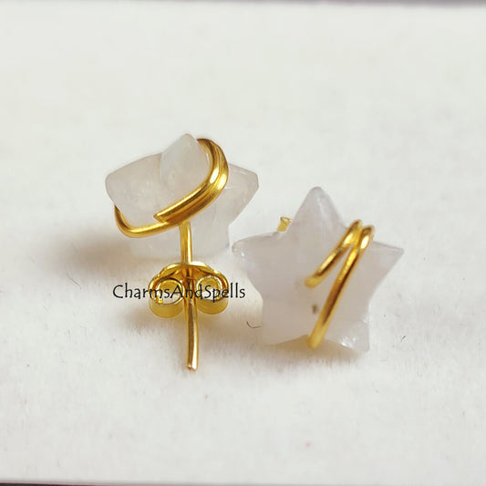 Raw Rainbow Moonstone Star Stud Earrings | Tiny Celestial Wire Wrapped Jewelry