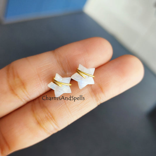 Raw Rainbow Moonstone Star Stud Earrings | Tiny Celestial Wire Wrapped Jewelry