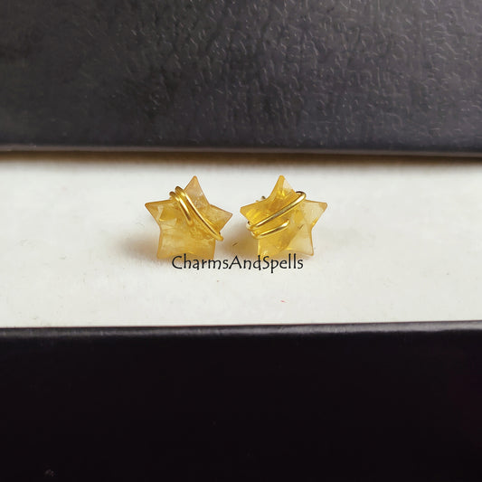 Raw Citrine Star Stud Earrings | Tiny Yellow Crystal Dainty Gemstone Jewelry