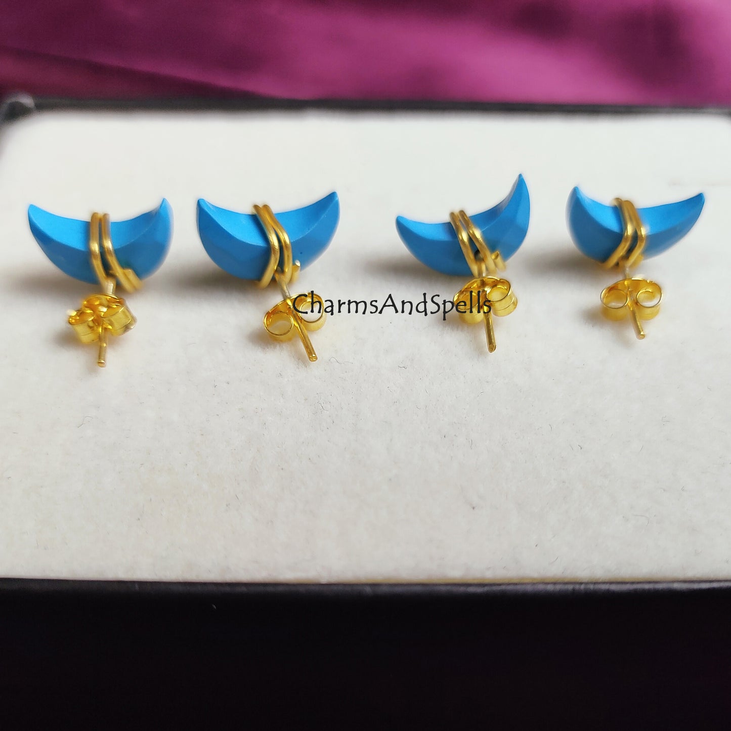 Raw Turquoise Crescent Moon Stud Earrings | Tiny Blue Wire Wrapped Jewelry