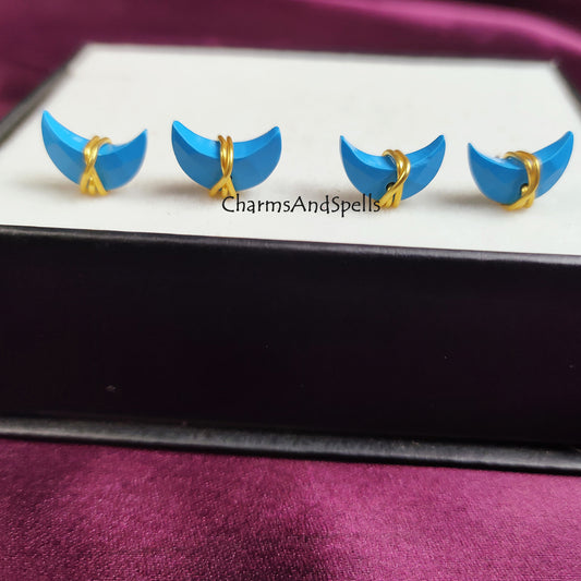 Raw Turquoise Crescent Moon Stud Earrings | Tiny Blue Wire Wrapped Jewelry