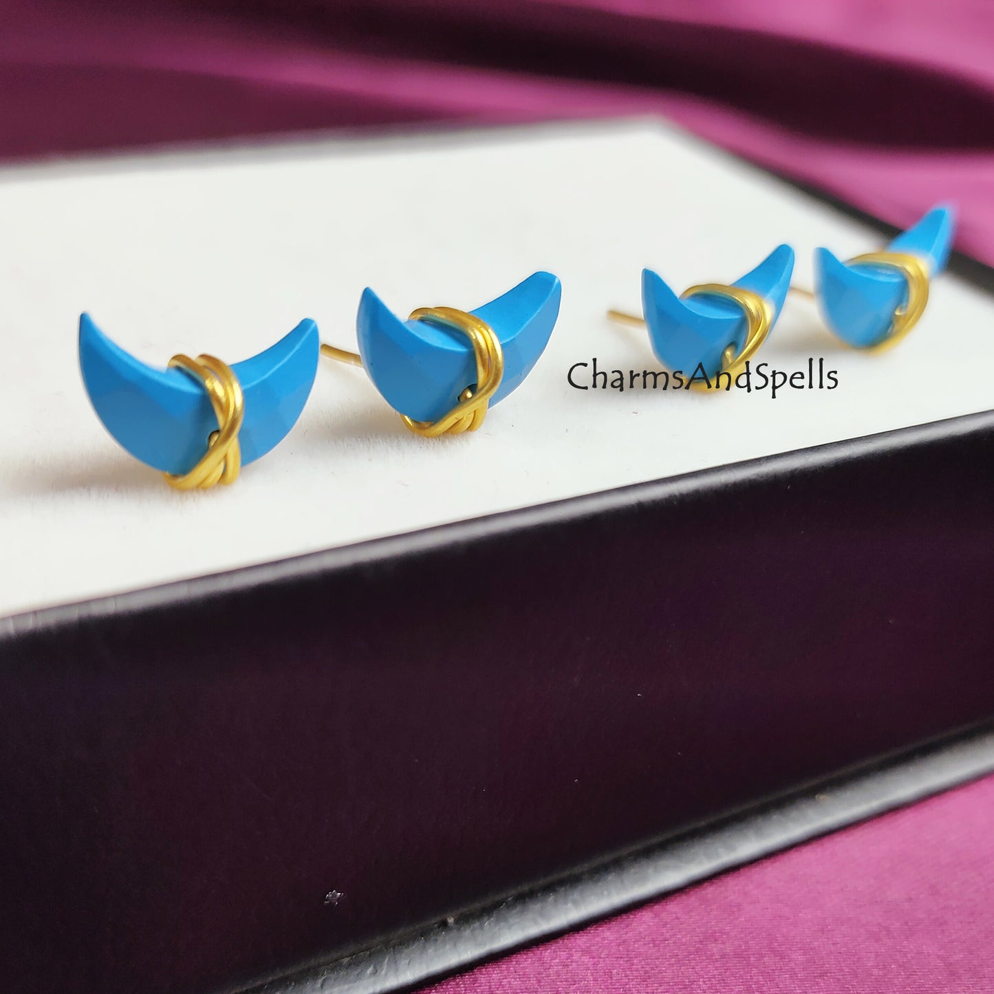 Raw Turquoise Crescent Moon Stud Earrings | Tiny Blue Wire Wrapped Jewelry