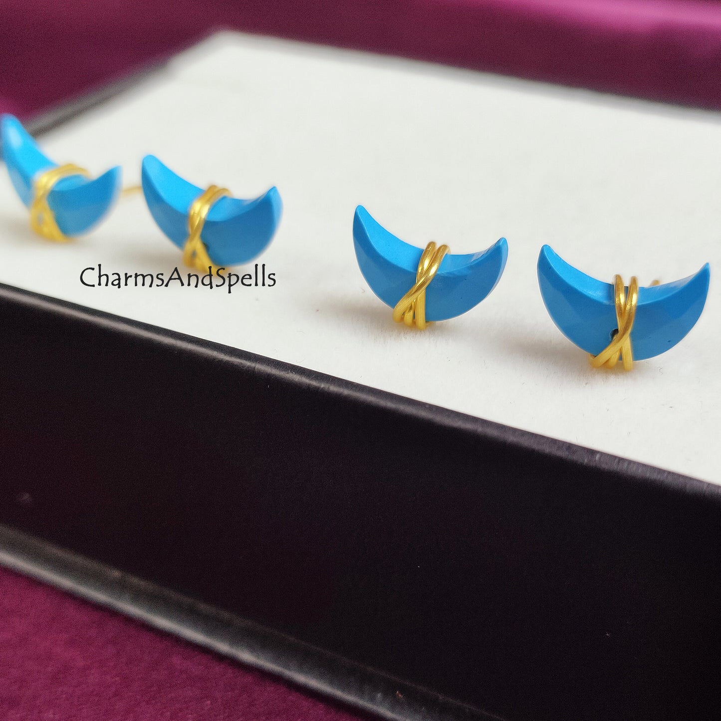 Raw Turquoise Crescent Moon Stud Earrings | Tiny Blue Wire Wrapped Jewelry