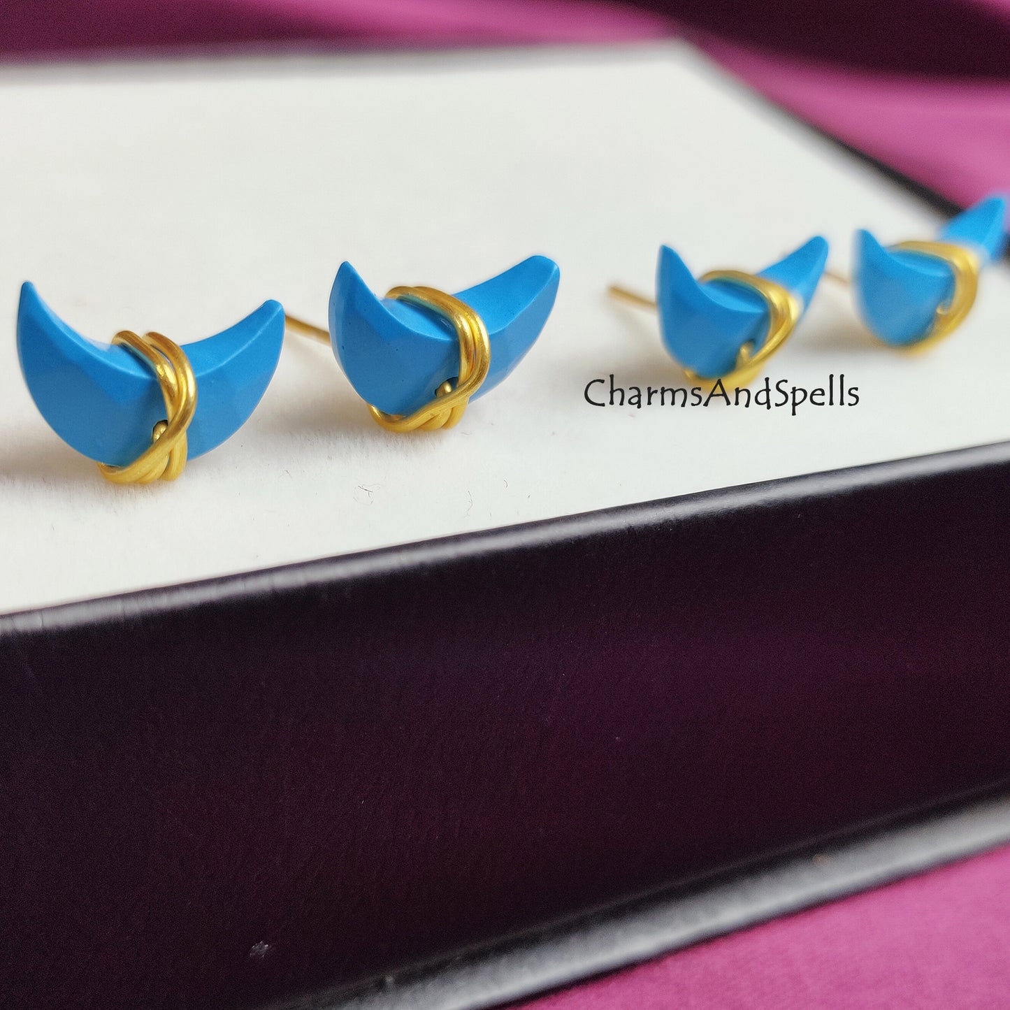 Raw Turquoise Crescent Moon Stud Earrings | Tiny Blue Wire Wrapped Jewelry