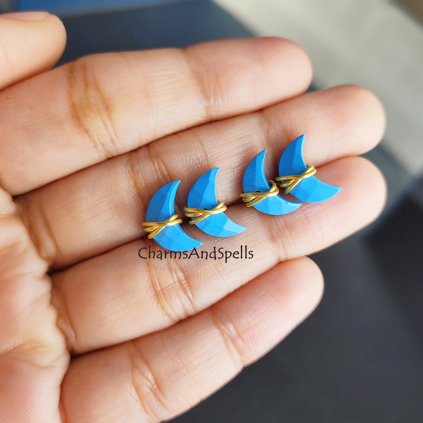 Raw Turquoise Crescent Moon Stud Earrings | Tiny Blue Wire Wrapped Jewelry
