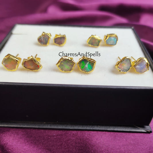 Raw Fire Opal Stud Earrings | Tiny Orange Crystal Birthstone Jewelry for Women
