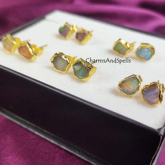 Raw Fire Opal Stud Earrings | Tiny Orange Crystal Birthstone Jewelry for Women