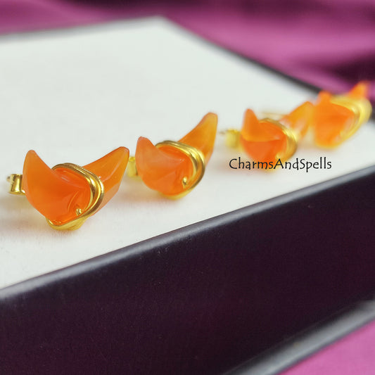 Raw Carnelian Crescent Moon Stud Earrings | Tiny Half Moon Boho Wire Wrapped