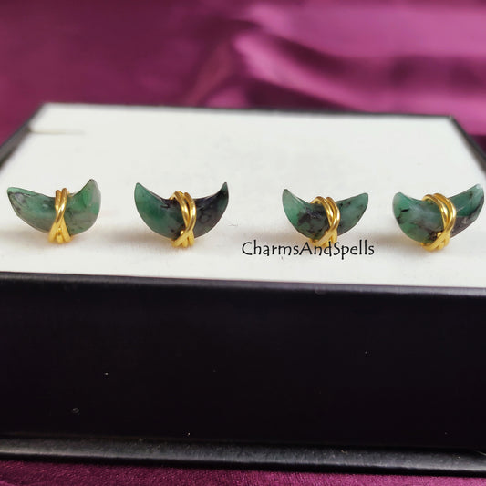 Raw Emerald Crescent Moon Stud Earrings | Tiny Green Half Moon 14K Gold Jewelry