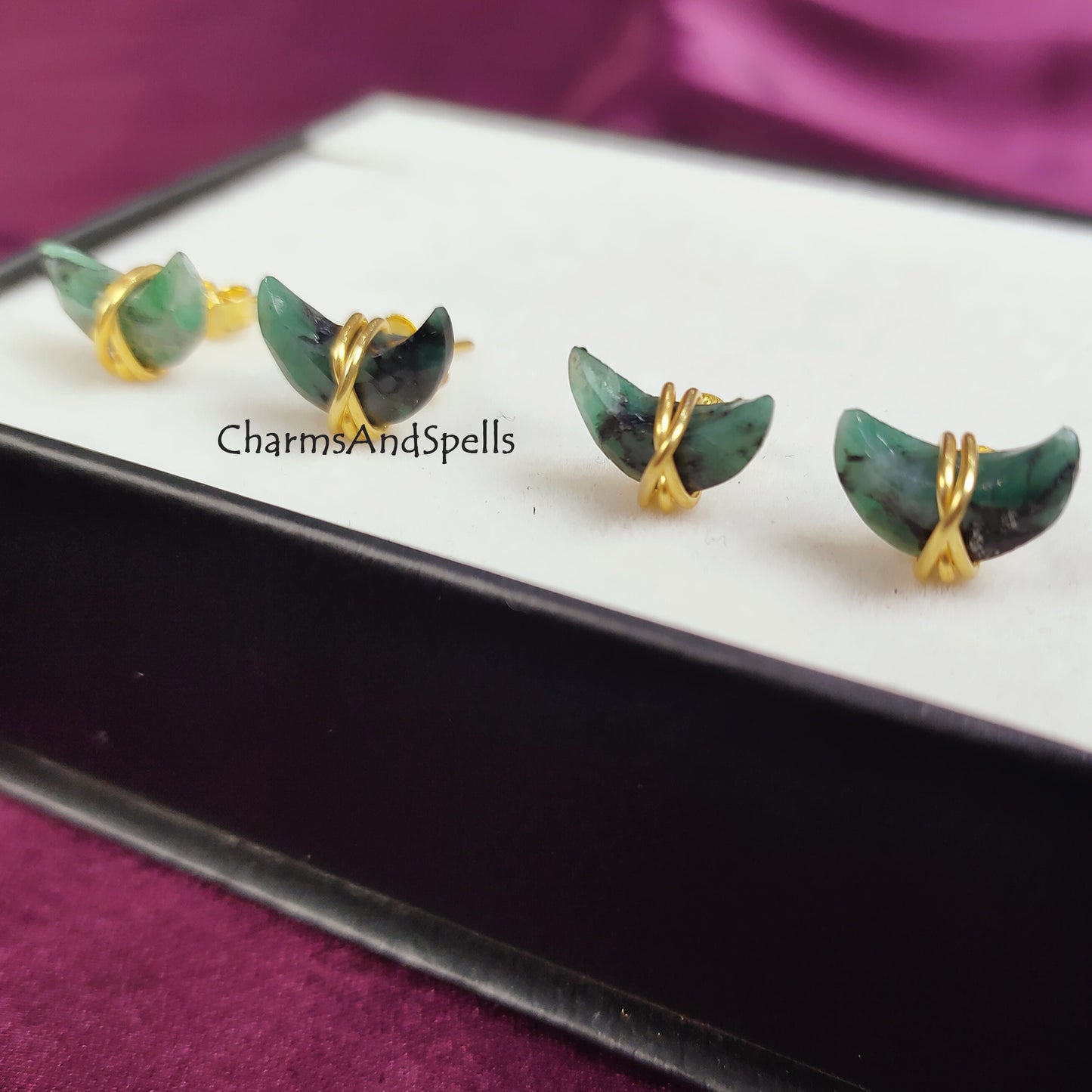 Raw Emerald Crescent Moon Stud Earrings | Tiny Green Half Moon 14K Gold Jewelry
