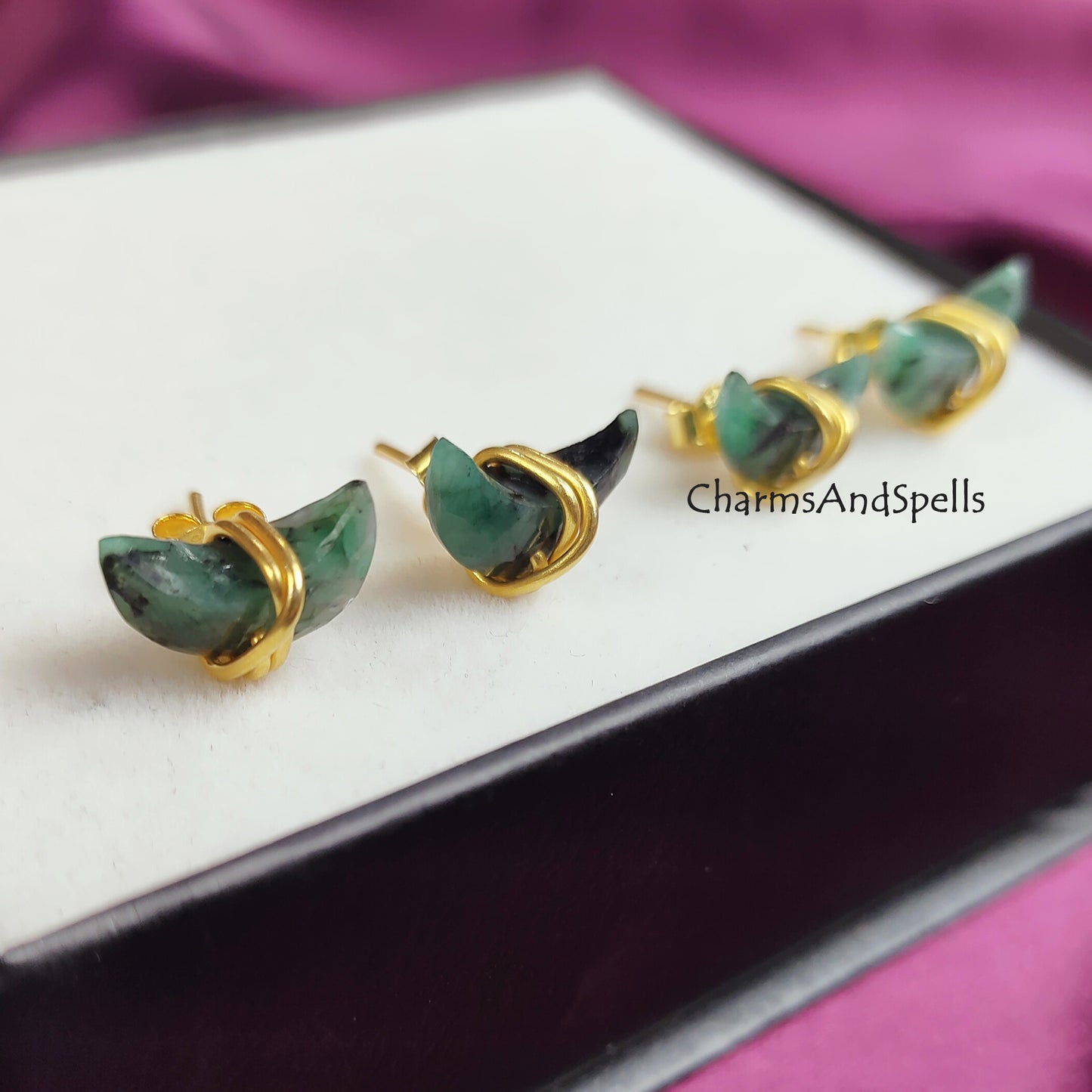 Raw Emerald Crescent Moon Stud Earrings | Tiny Green Half Moon 14K Gold Jewelry